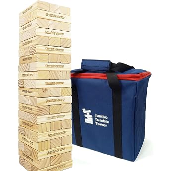Jac & Mok Jumbo Tumble Tower Wobble Tower Game 60 Pieces Pine Wood Toppling Blocks Toy with Carry Bag