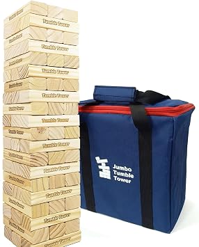 Jac & Mok Jumbo Tumble Tower Game | 60 Pieces Wooden Toppling Blocks Toys with Carrying Case | Premium Pine Wood Material Builds from 60cm to 150cm