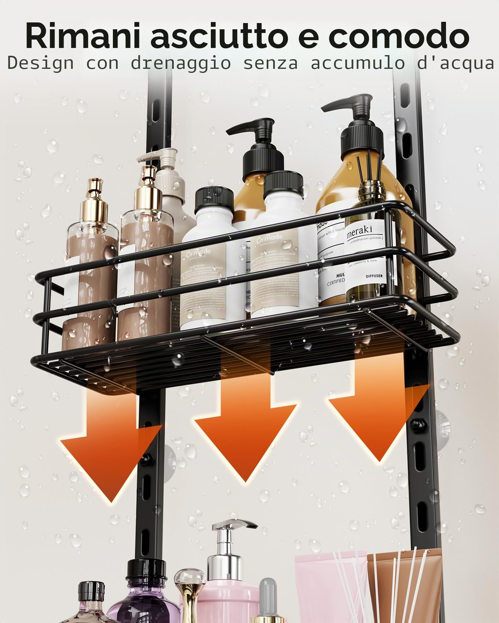 Orimade Mensola portaoggetti da appendere sopra la porta, regolabile, antiruggine, con gancio, supporto per shampoo, mensola da bagno con portasapone, cestino da doccia con ventosa extra large, 5