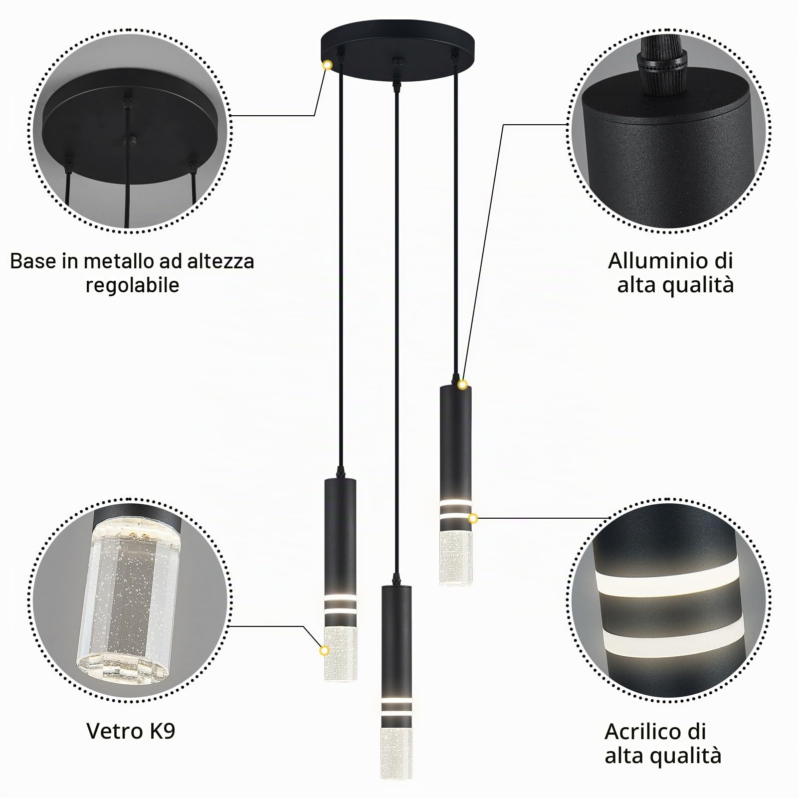Moderno Lustro Cristallo nero LED sospensione luce mini cucina isola sospensione illuminazione per camera da letto ristorante soggiorno (3-luce)