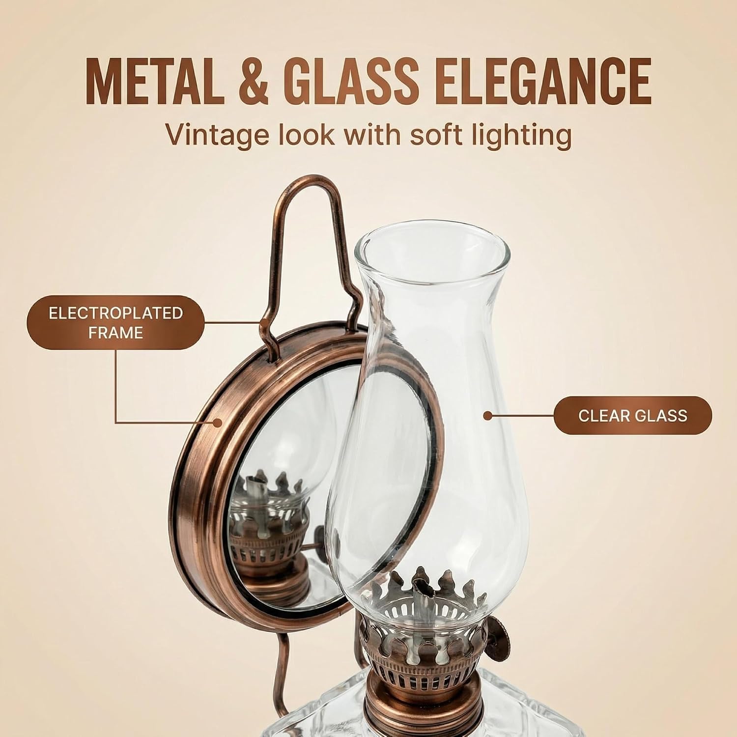 Vintage Glass Oil Lamp, Tabletop & Wall Mount Kerosene Lamp with 330ml Oil Capacity, 10.24" Retro Decorative Hurricane Lamp for Home Decor, Gift & Emergency Lighting(Red Bronze)