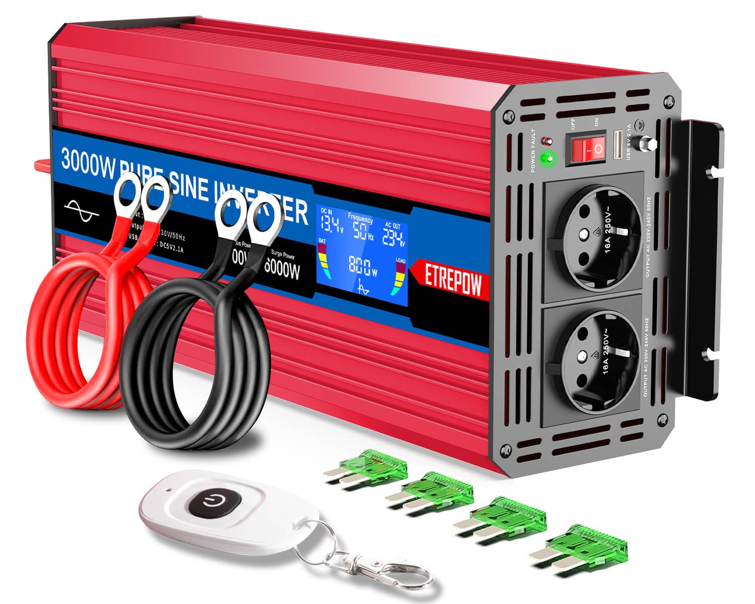 3000W/6000W Wechselrichter 12V auf 230V Reiner Sinus Spannungswandler Konverter Pure Sine Wave Power Solar Inverter mit 2 EU-Steckdose,Drahtlose Fernsteuerung,LCD Bildschirm