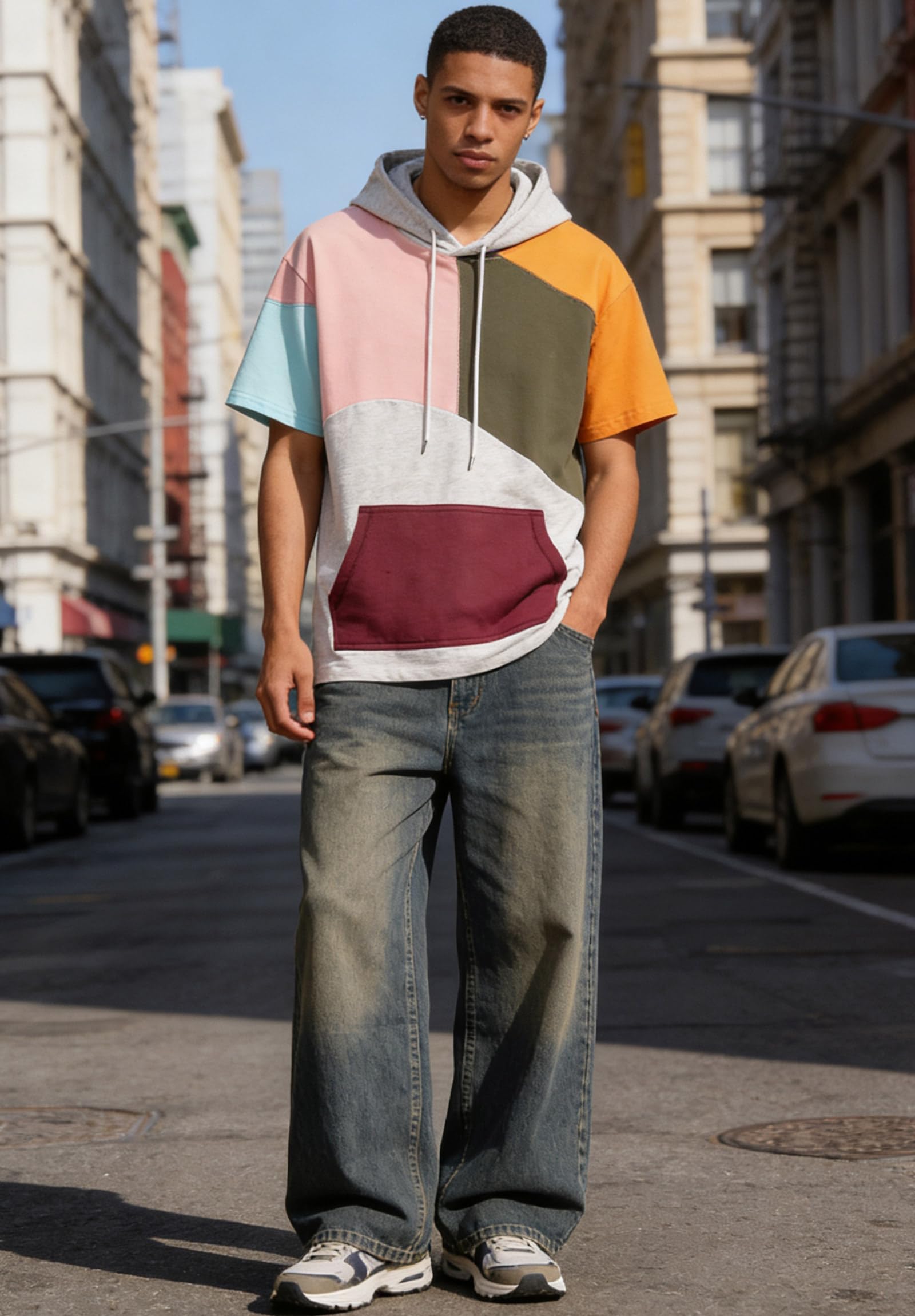 Sweat Manche Courte Homme Coton Tee Shirt à Capuche Color Block Pull à Capuche L'été Hoodie
