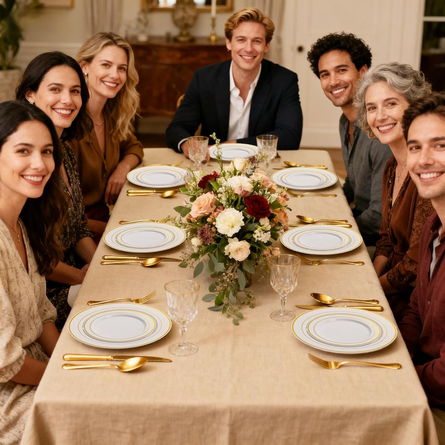 100PCS Gold Plastic Plates, 10 Inch Plates Disposable Dinner Plate Party with Gold Rim, Heavy Duty Disposable Plastic Plate for Party, Wedding and Birthday