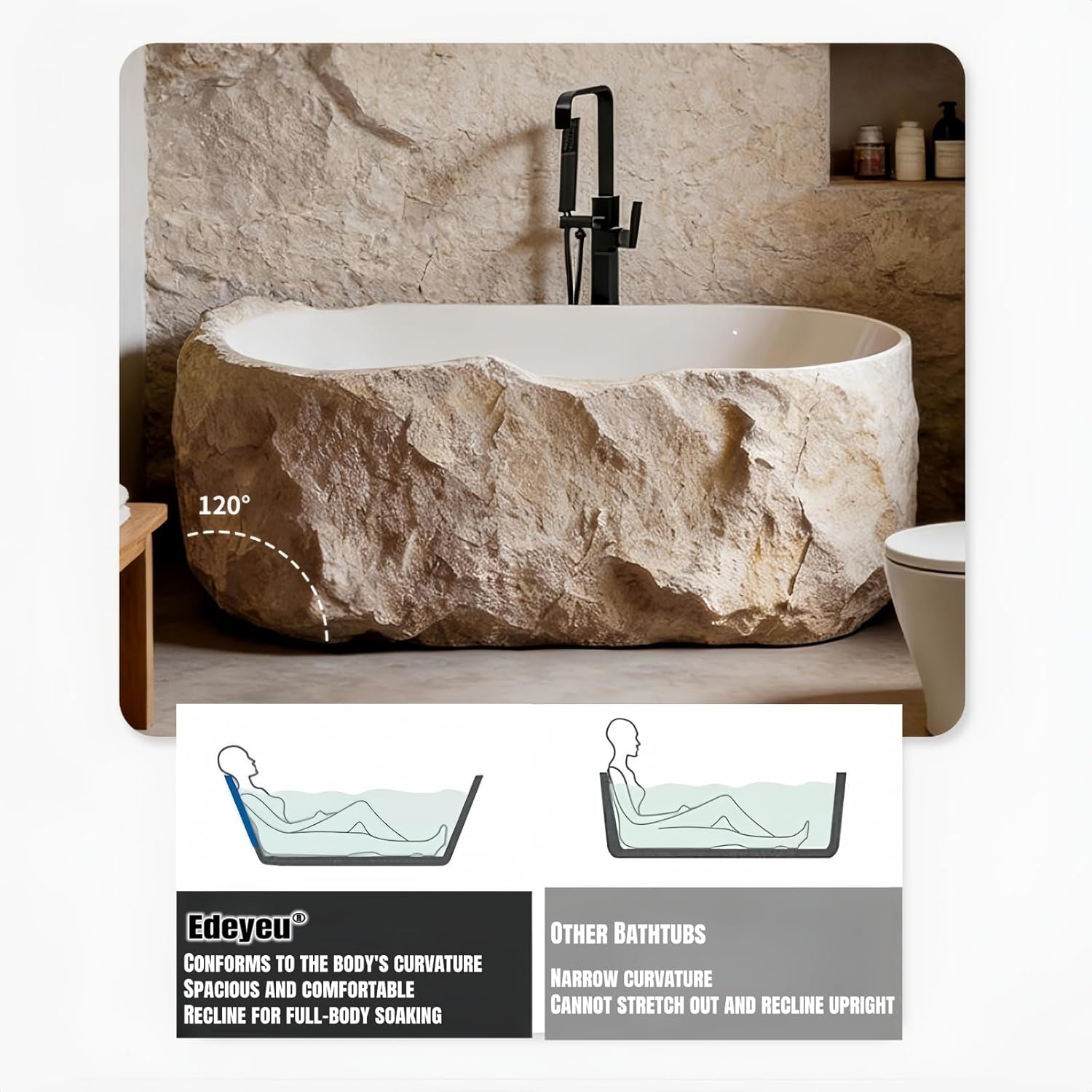 67" Edeyeu Freestanding Bathtub - Solid Surface Soaking Tub, Designer Free Standing Tub with Unique Stone Texture, Deep Soaker Bathtub for Luxury Spa & Home, Beige