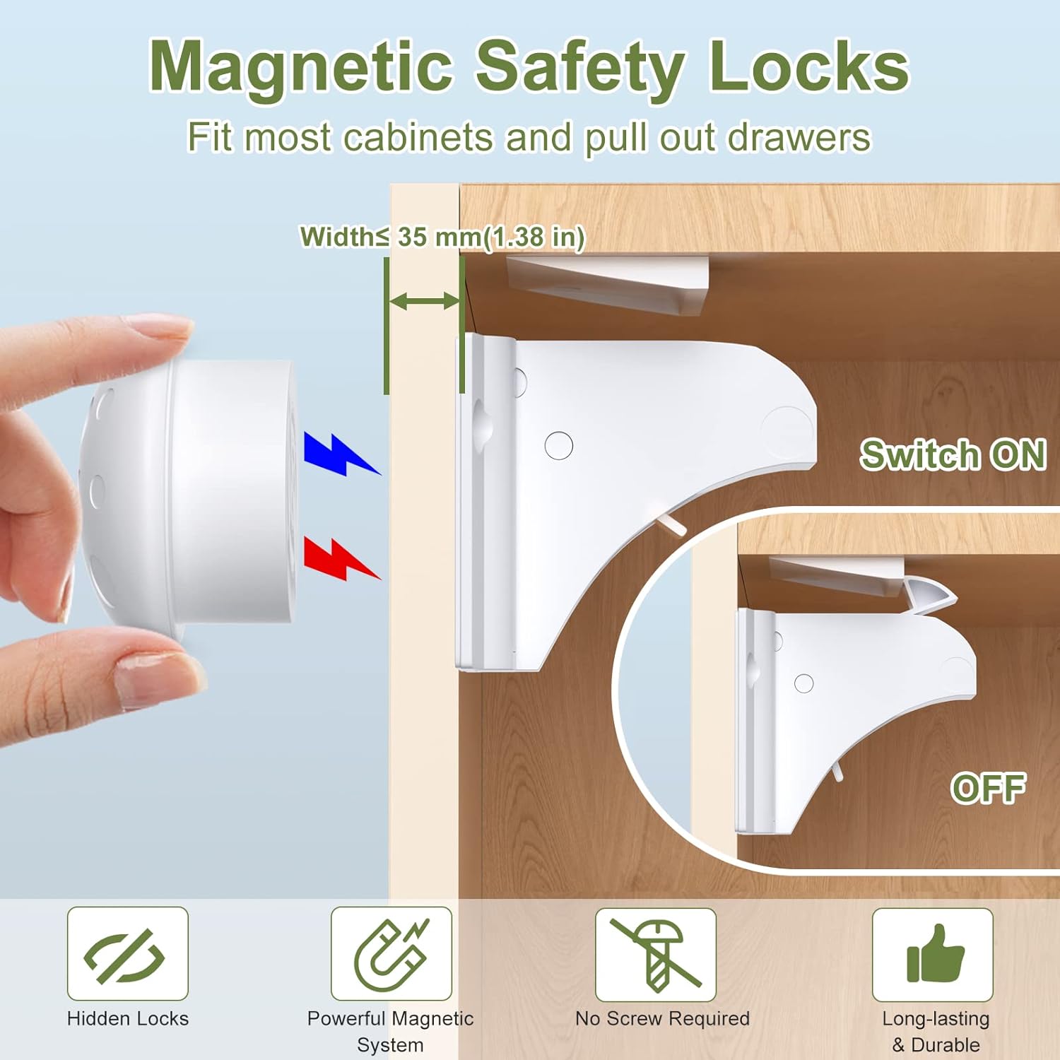 White Magnetic Child Safety Cabinet Locks with Adhesive, 4-Pack