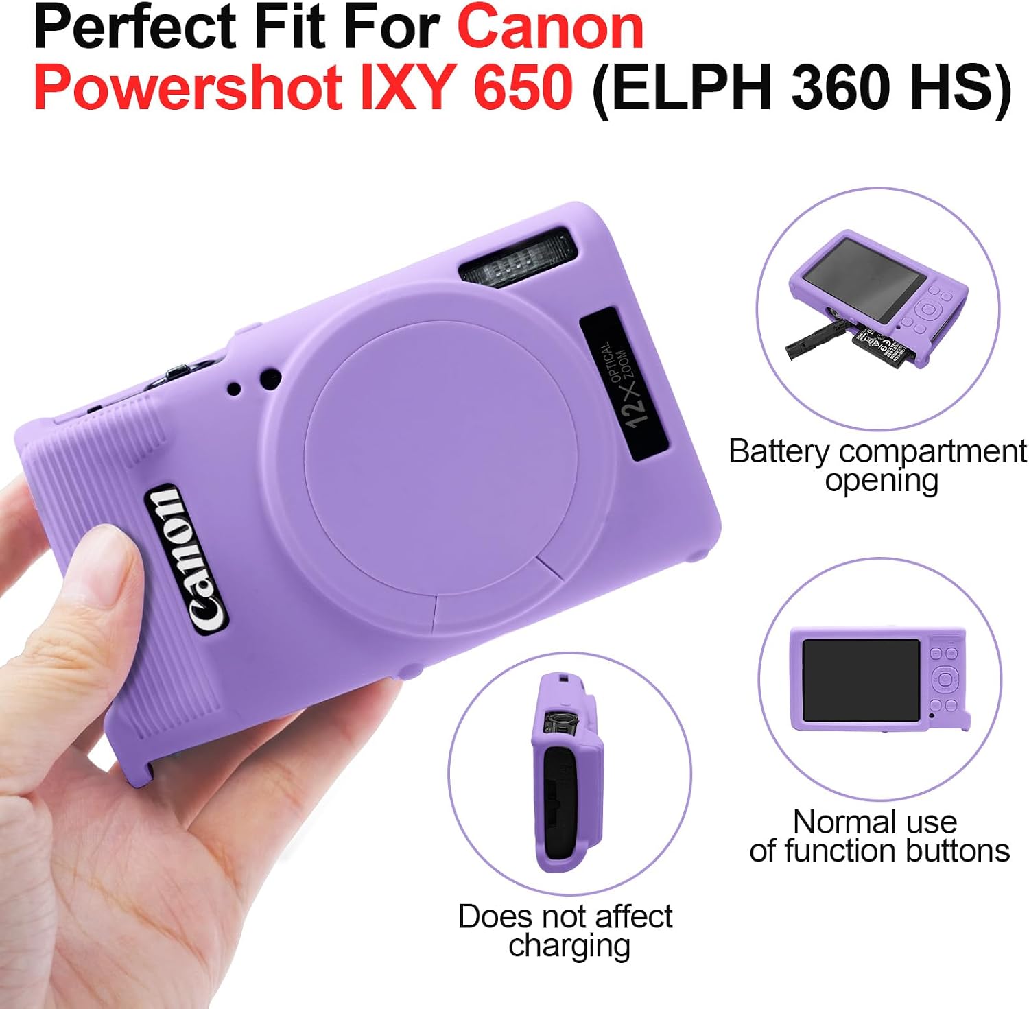 Easy Hood Case for Canon PowerShot IXY 650/ELPH 360 Camera, Soft Silicone Camera Cover with Removable Lens Cap, Slim Fit Anti-Scratch Carrying Protective Case Camera Body Skin Sleeve(Purple)