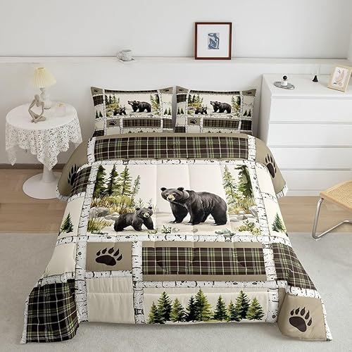 Miniatura 2 de Juego de ropa de cama individual de oso negro, edredón retro de animales de bosque de caza para cabaña de campo, juego de edredón de retazos verde y