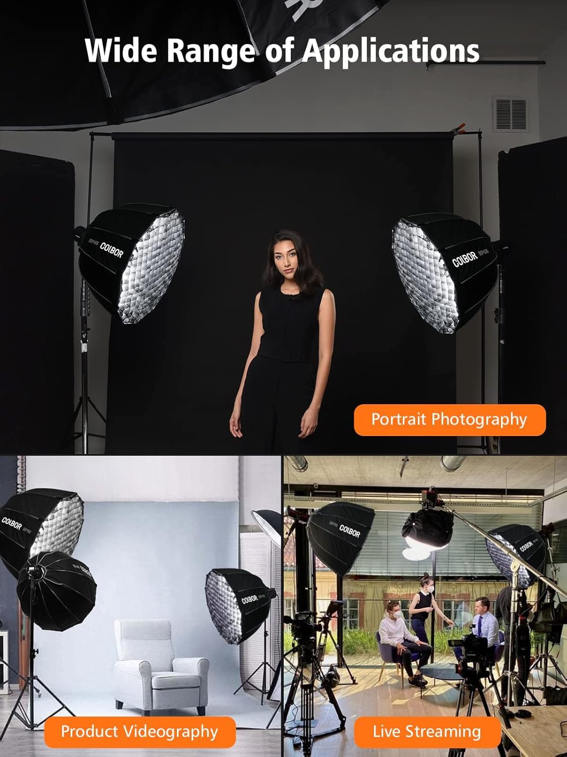 Softbox Parabolico, COLBOR BP65 65cm Softbox a Sgancio Rapido 16 Nervature con Doppio Diffusore, Griglia a nido d'ape, Compatibile con COLBOR Serie CL60/CL100X/CL100 e Altre Luci Bowens Mount