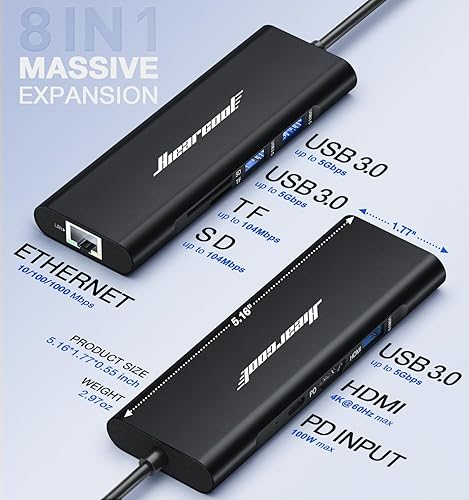 Vista 33 de Hiearcool Hub Ethernet USB C, 4K a 60 USB-C a HDMI, adaptador USBC multipuerto 8 en 1 tipo C Dock Dongle compatible con MacBook Pro Air iPad Dell