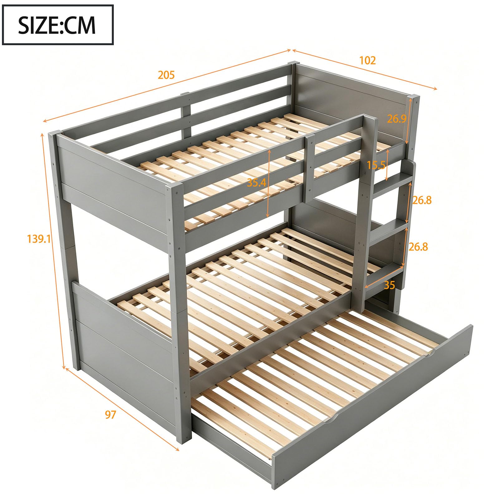 DHHU Lit superposé en Bois 90x200 cm 3 en 1 Convertible avec lit gigogne, barrière sécurité, échelle, sommier Lattes, Design scandinave, Chambre Enfant ado invité