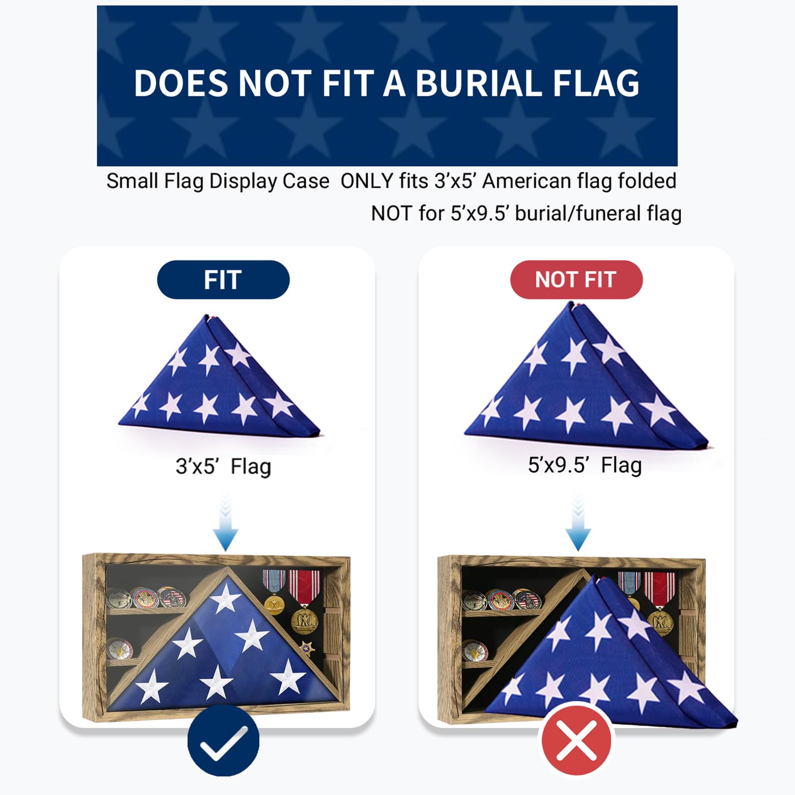 ASmileIndeep Flag Box Display Case for 3' x 5' American Flag, Not for Burial Flag, Military Shadow Box with HD Tempered and Wall Mounted?Flag Cases for Veterans,Folded Flag Display Case, Rustic Wood