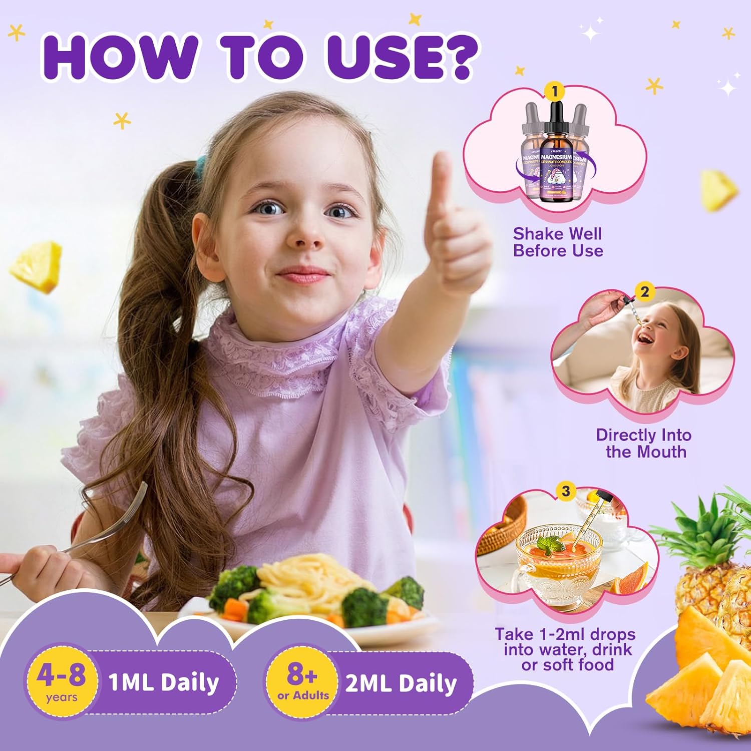 2 Pack Magnesium Glycinate Liquid for Kids - Magnesium Bisglycinate Drops with L-Theanine, Chamomile & Vitamin B6, B12, C, D3 for Sleep, Relaxation, Immune Support, Calm & Focus - 4 Fl Oz, Pineapple