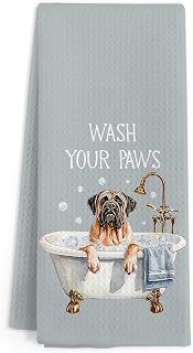 Funny Mastiff Dog Hand Towels for Bathroom, Wash Your Paws Hand Towels, Dogs Themed Decorative Dish Tea Towel for Kitchen Bathroom Decor, Mastiff Gifts for Women Men Dog Lovers, 16x24 Inch
