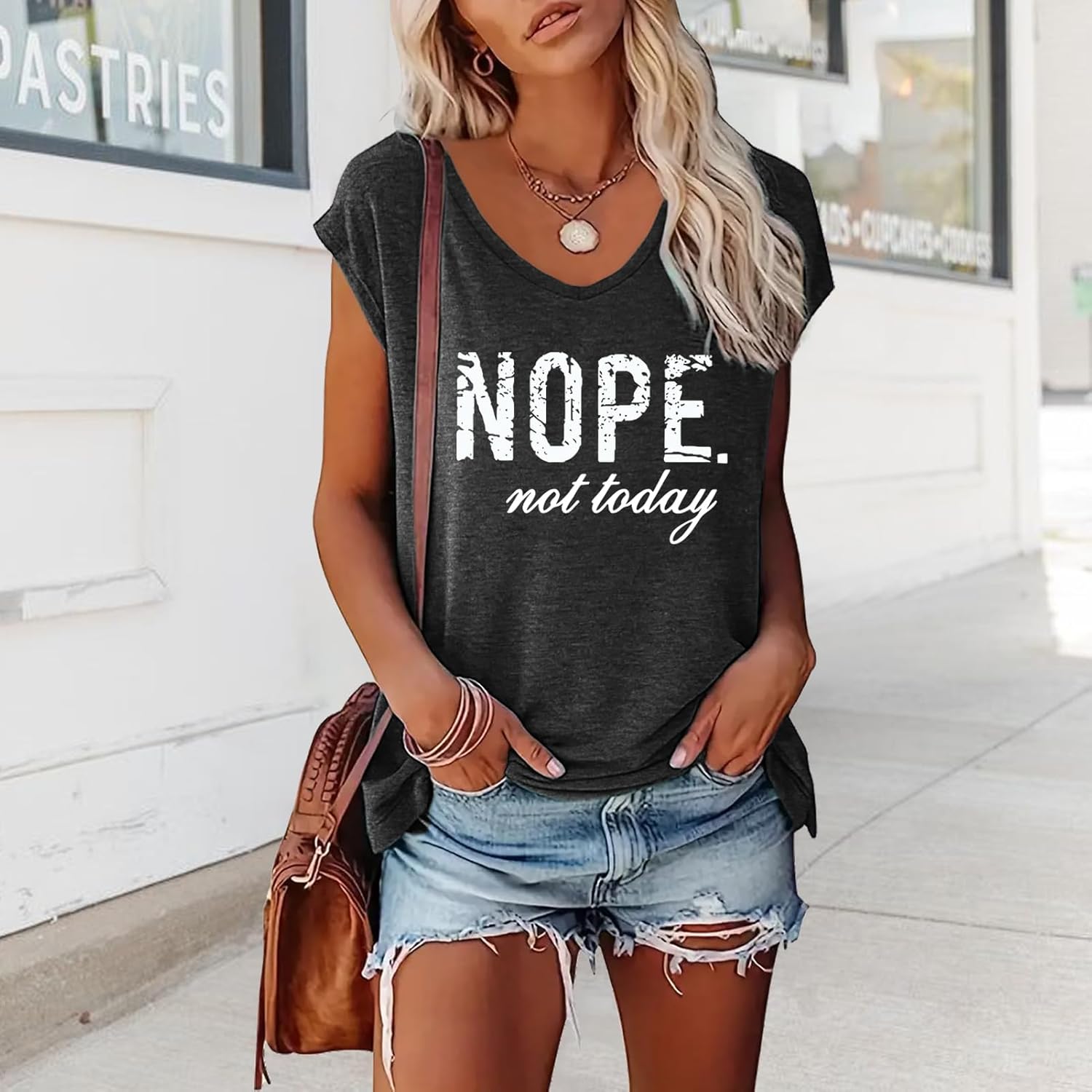 YITAN Women Nope Graphic T-Shirt V-Neck Cap Sleeve Tops - Image 2