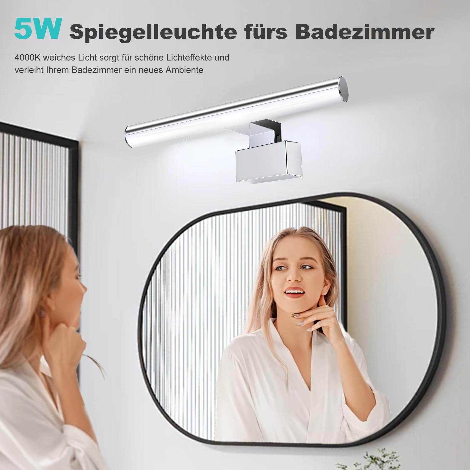 Lampa lustra łazienkowego, lustro łazienkowe led 557-30 chrom 11,8 cala 30 cm, 5 W, 4000 K, lustro łazienkowe oświetlenie szafki lustro, IP44, srebrne lustro led