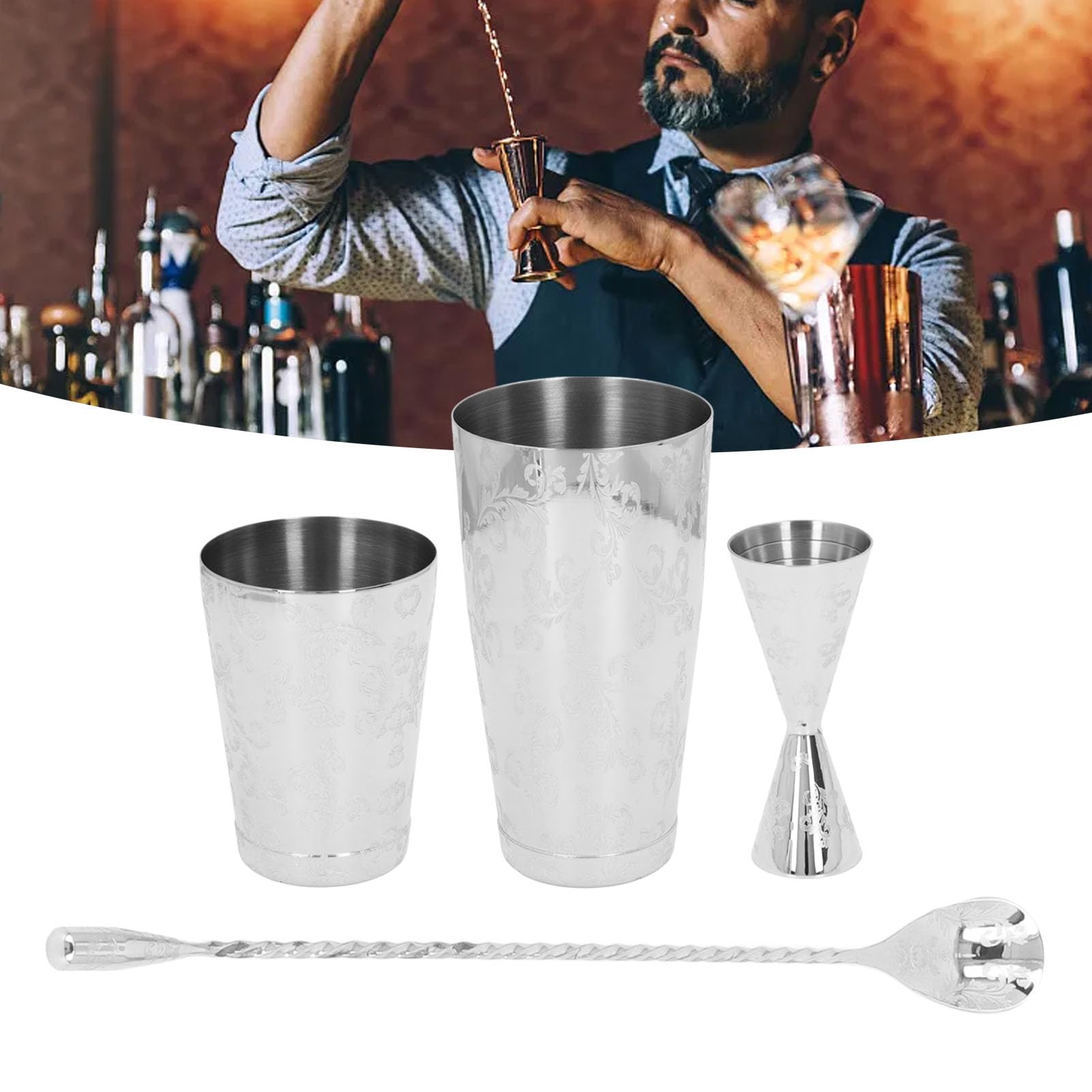 FLEXMAN Juego de Coctelera, Mezclador de Bebidas Multifuncional Profesional de Acero Inoxidable de Capacidad Media, Coctelera de Martini, Juego de Colador de Cóctel con Estampado (UNA)