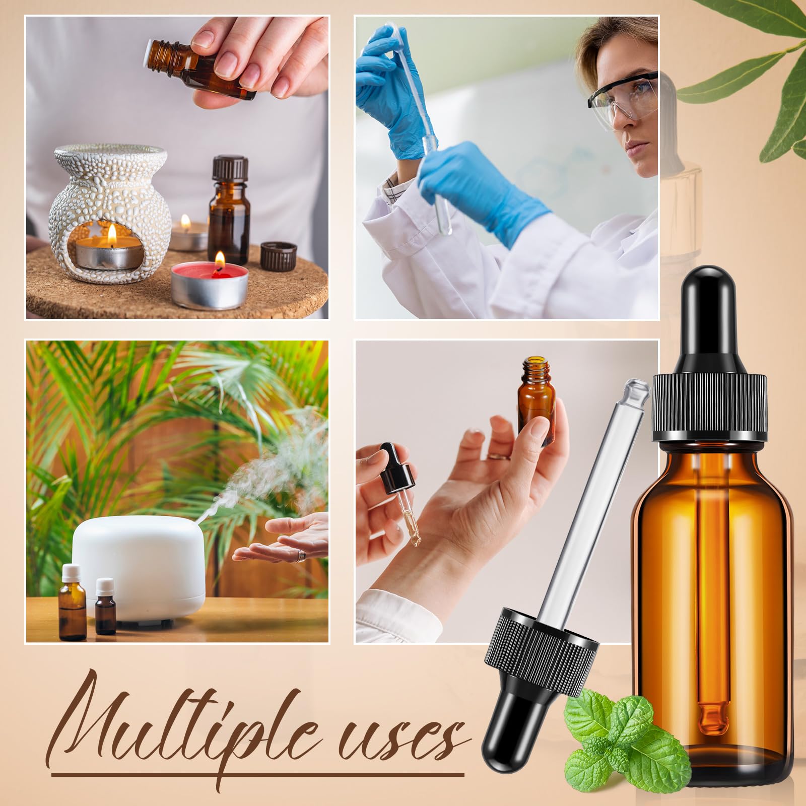 Lallisa Tropfflaschen für ätherisches Öl, 30 ml, Glas-Tropfflaschen mit Augentropfenspender, Tropfflasche mit 5 Trichtern, 5 Pipetten, 3 ml, 100 Etiketten für ätherisches Öl, Parfüm (Bernstein), 100