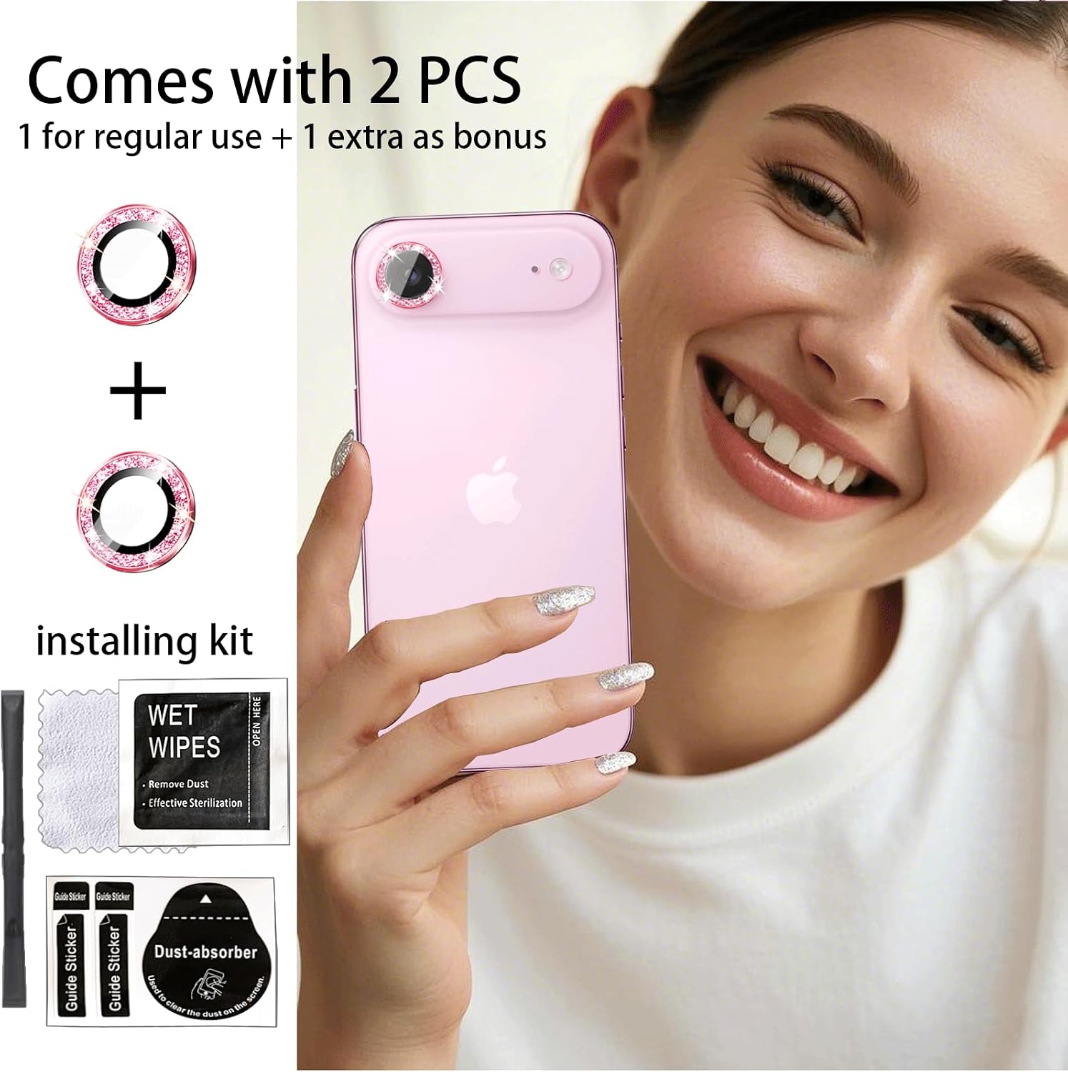 Compatible with iPhone Air Camera Lens Protector Glitter, (1+1=2Pack) Bling Sparkle Camera Cover for Women Cute, Anti-Scratch & Case Friendly, Pink image 2