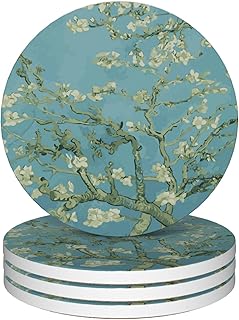 Drinks Coasters Set of 4, Almond Blossoms Round 4" Absorbent Ceramic Stone Coasters with Cork Base, Cute Coaster for Table Home Décor, Ideal Gifts for Women Men
