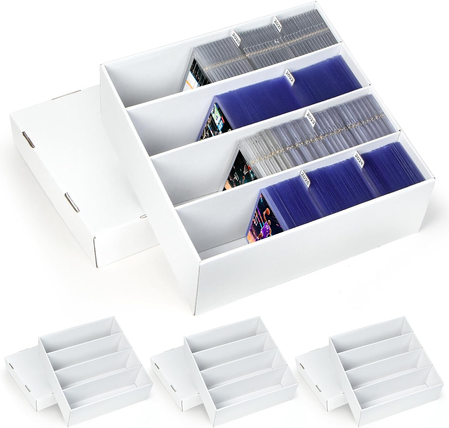 4 Pack Trading Card Storage Box - Holds 640 Top Loaders & 176 One Touch - Cardboard Case with Dividers for Sport Cards (4 Rows)
