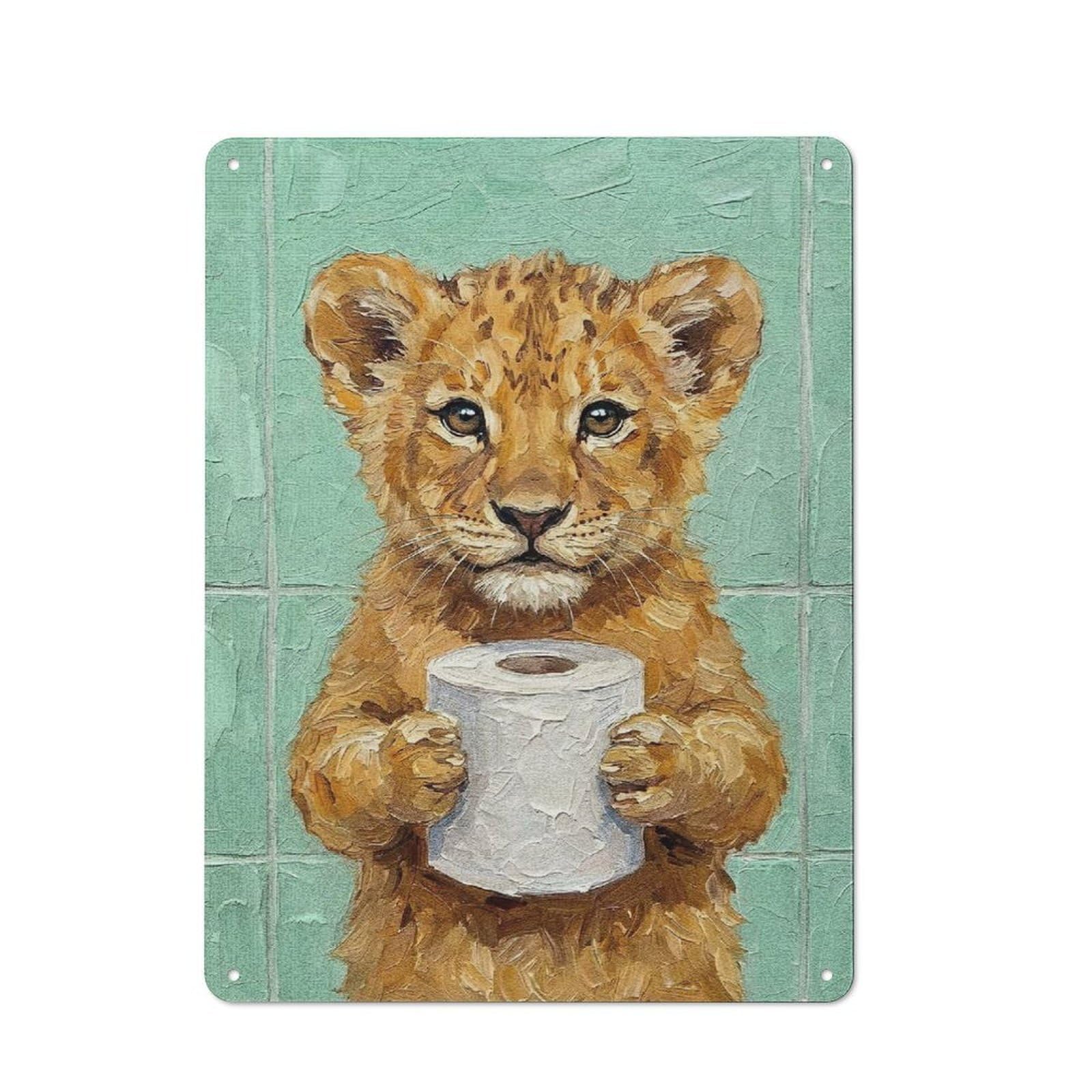 Junmoney Style-10 Country Style Kitchen Metal Sign 40X30cm Featuring Lion Cub With Toilet Paper Painting, Diner Style Decor For Kitchen, Cafe, Pantry Or Dining Room