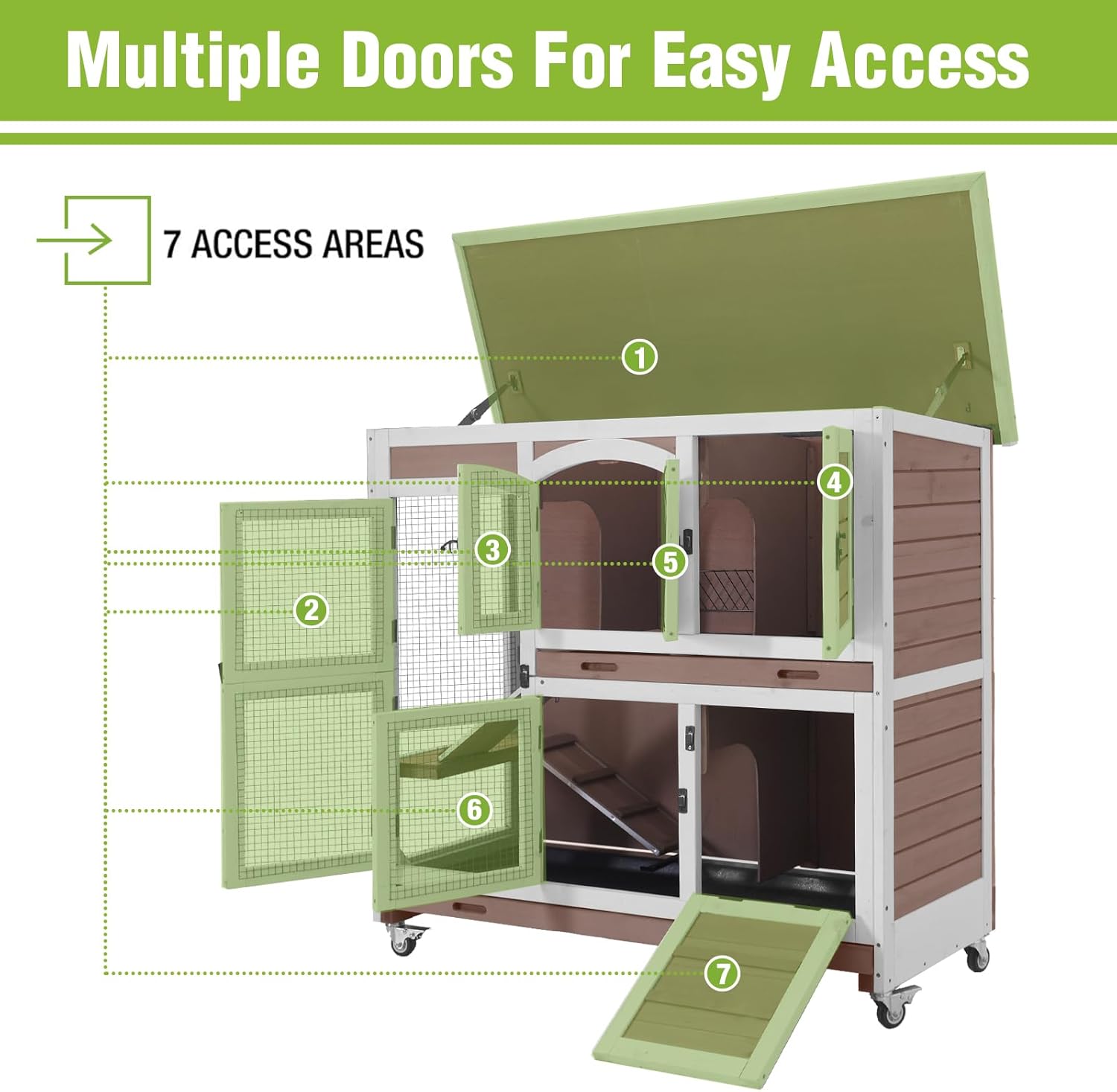 Rabbit Hutch Indoor & Outdoor, Mobile Bunny Hutch with Wheels, 47’’ Wooden Rabbit Cage with 2 Pull Out Trays and Ramp, Two-Story Design Guinea Pig Cages