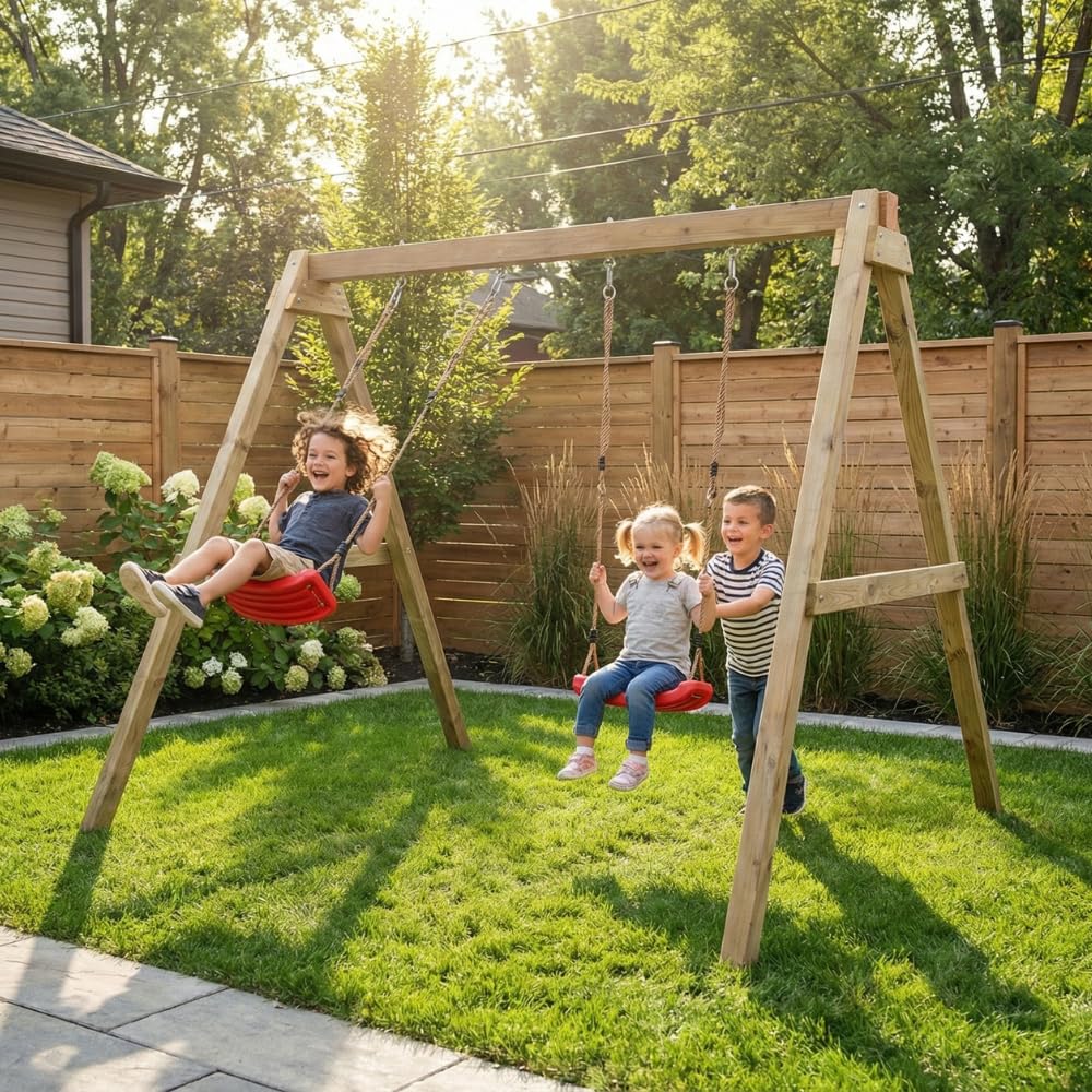 Altalena in Legno Maxplay Swing con Doppia Seduta da Giardino – Altalena Bambini da Esterno, Struttura in Legno Impregnato in Autoclave, Resistente per Uso Privato, Giochi da Giardino 3-10 Anni
