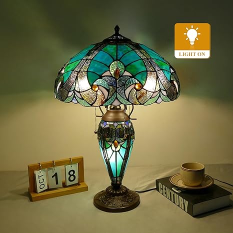 VirtueKing Tiffany Style Table Lamp 16 Inch Wide Green Tiffany Lamp Handmade Stained Glass Lamp 24" Tall Mother-Daughter Style Desk Reading Light Decor for Bedroom Living Room Home Office photo 2