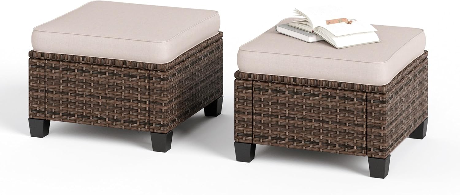 Outdoor Patio Ottomans,2 Pieces All Weather Wicker Ottomans with 4" Thick Cushions for Garden,Lawn, Backyard,Beige