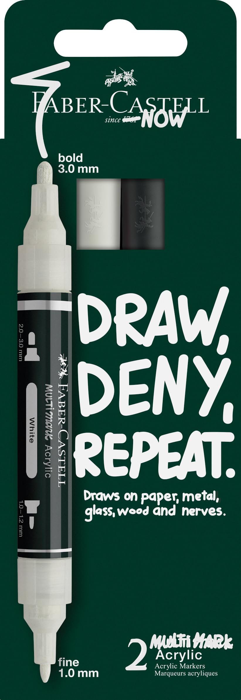 Faber-Castell Multimark Acrylic Dual Marker, Set of 2 Black/White Colours, Art Set Supplies, Water-Based Acrylic Marker Pen, Double Ended, Bold & Fine Tip, Art Markers, Colouring Pens, Highlighters