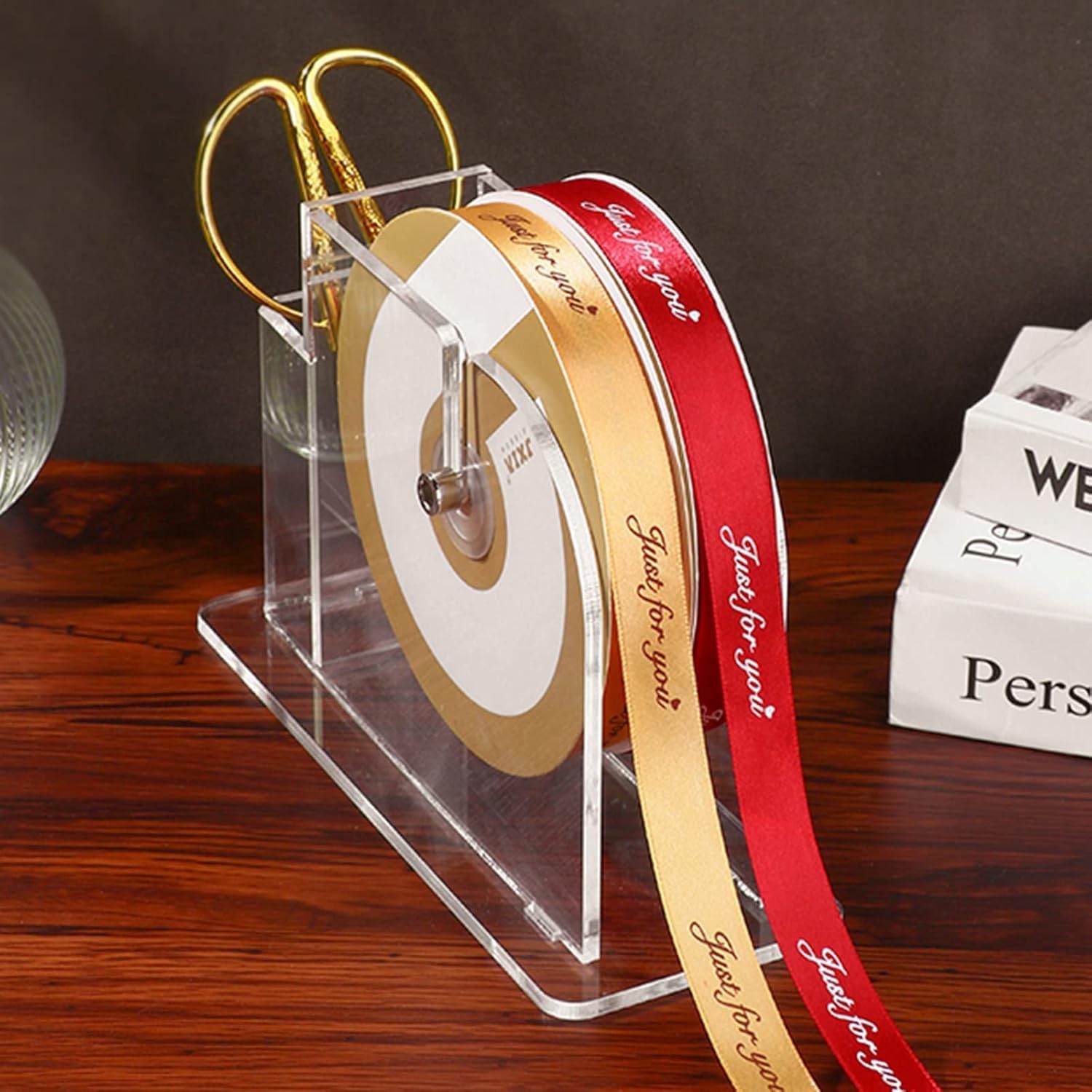 Mini Ribbon Dispenser Stand, Transparent Ribbon Holder with Scissors, Tabletop Organizer for Craft Supplies, Multi-roll Storage, Compact Design 4.5x6x9.5cm 22.5x8.5x14.5cm(8.8x3.3x5.7 in)