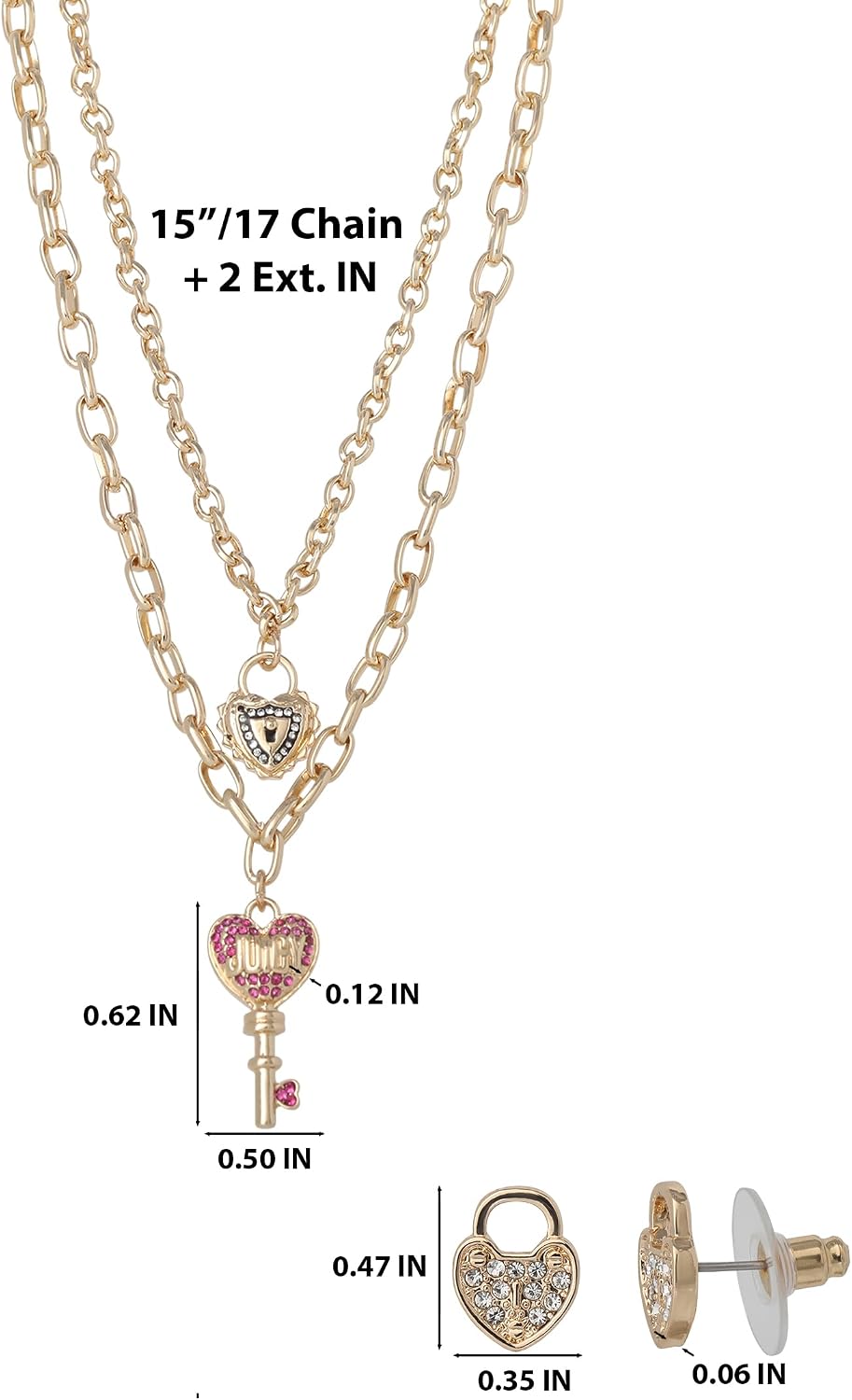 Juicy Couture Heart Lock and Key Layered Necklace and Stud Earrings Set for Women, Gold-Tone with Clear or Pink Crystals
