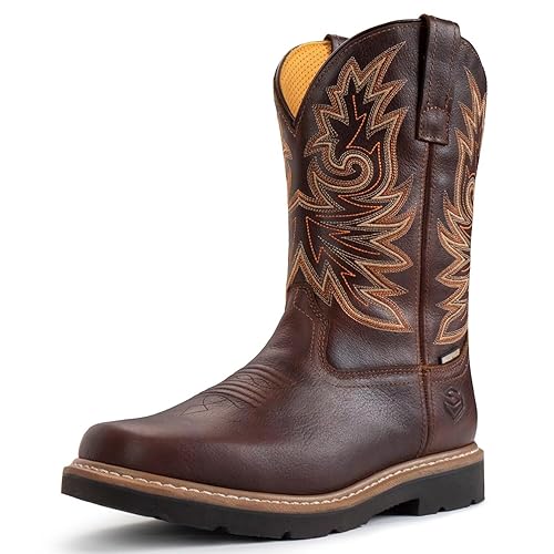 SUREWAY Men's Western Cowboy Boots-Soft Toe,Waterproof Square Toe Work Boots for Men,Extremely Comfortable Durable Proved,Superior Oil/Slip Resistant,Thicker Leather,Rubber Sole,Work Boots/Shoes With