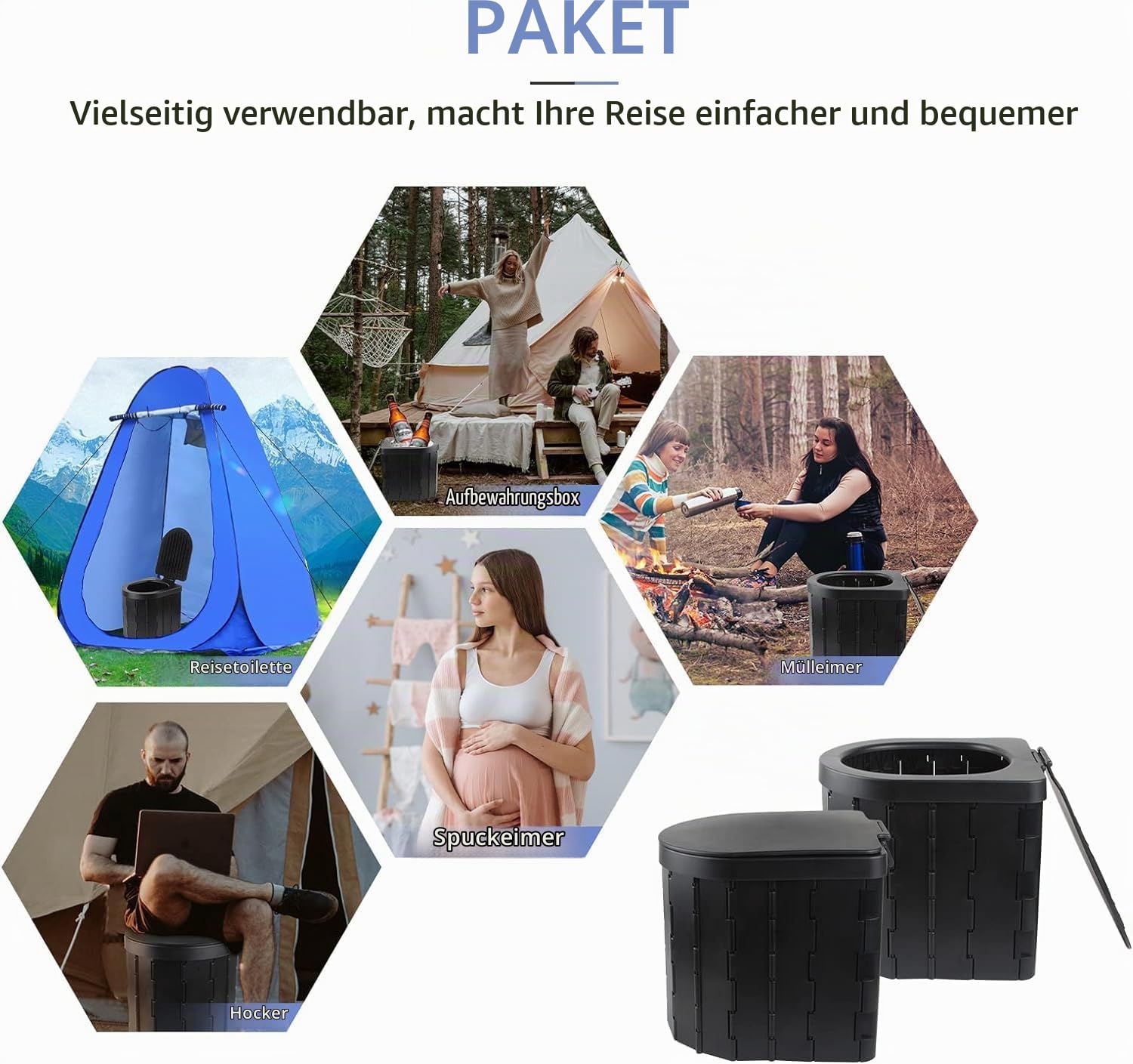 Camping Toilette, Tragbare Toilette für Erwachsene und Kinder, Faltendes wasserdichtes Porta Töpfchen für Camping, Auto, Eimer, Reisen, Outdoor, Wandern, Ausflüge, Boot, Strand, Zelt (Schwarz)