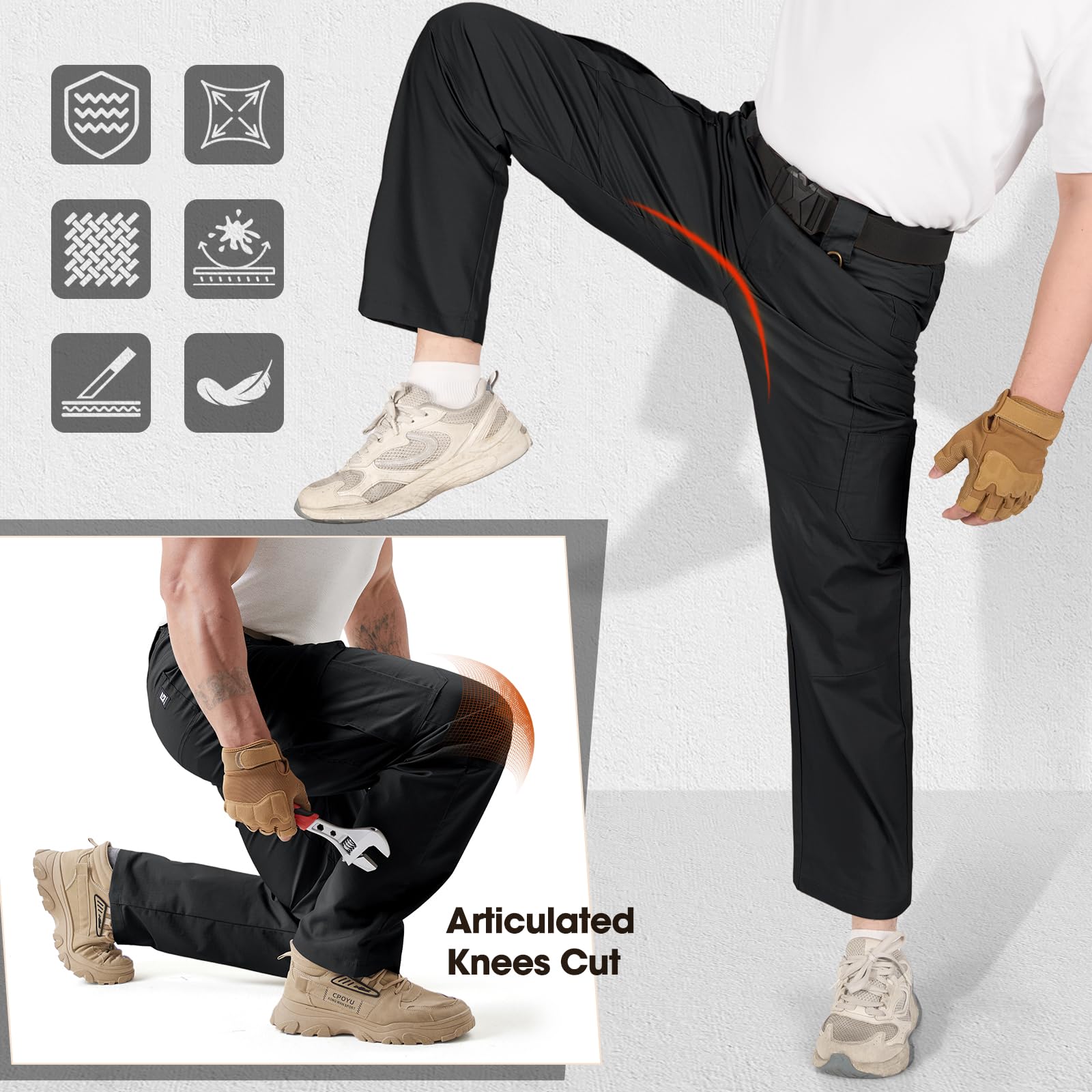 Pantalón de Trabajo Hombre Pantalones Cargo con Tejido elástico Anti-desgarro, Rodillas 3D, Doble Anillo D, Cintura elástica y Cremallera YKK para Construcción, Bricolaje y Outdoor