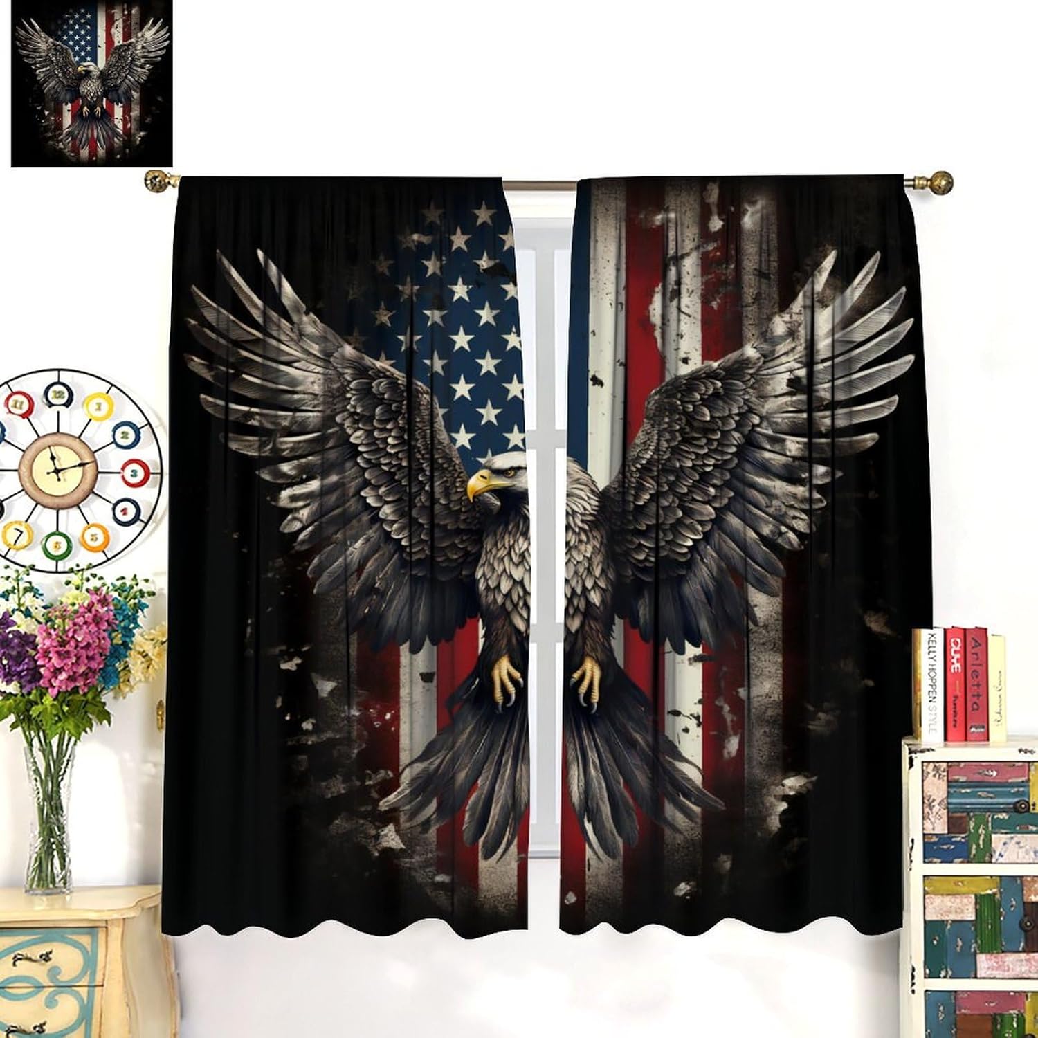 Vintage Eagle Curtains, Modern Fantastic Flying Wildlife Decor Abstract National Flag Drapes, Blackout Rod Pocket Window Treatments for Living Room Bedroom Bathroom (21x63in) x2 Panels
