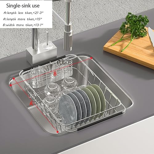 Miniatura 6 de ESBOLM Escurridor de platos de acero inoxidable para fregadero de cocina con función de secado expandible, escurridor de platos duradero de acero