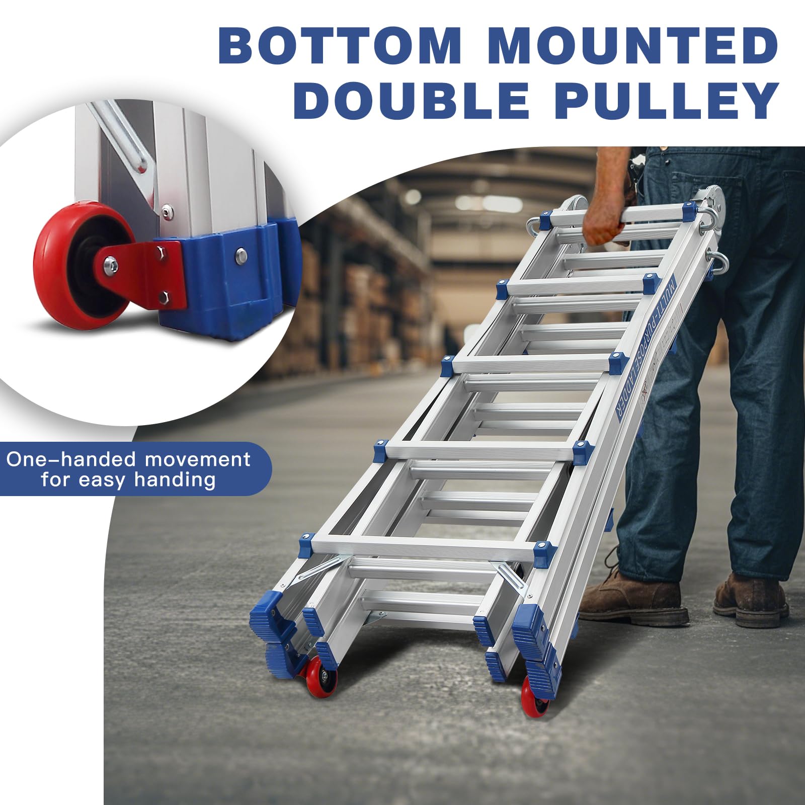 TEENO Escalera de Aluminio Multifunción 5.1 M| 5x5 Peldaños| Escalera Telescópica 5 en 1 con Desmontable Ruedas y Base Triangular Reforzada| Carga Máxima 150 kg