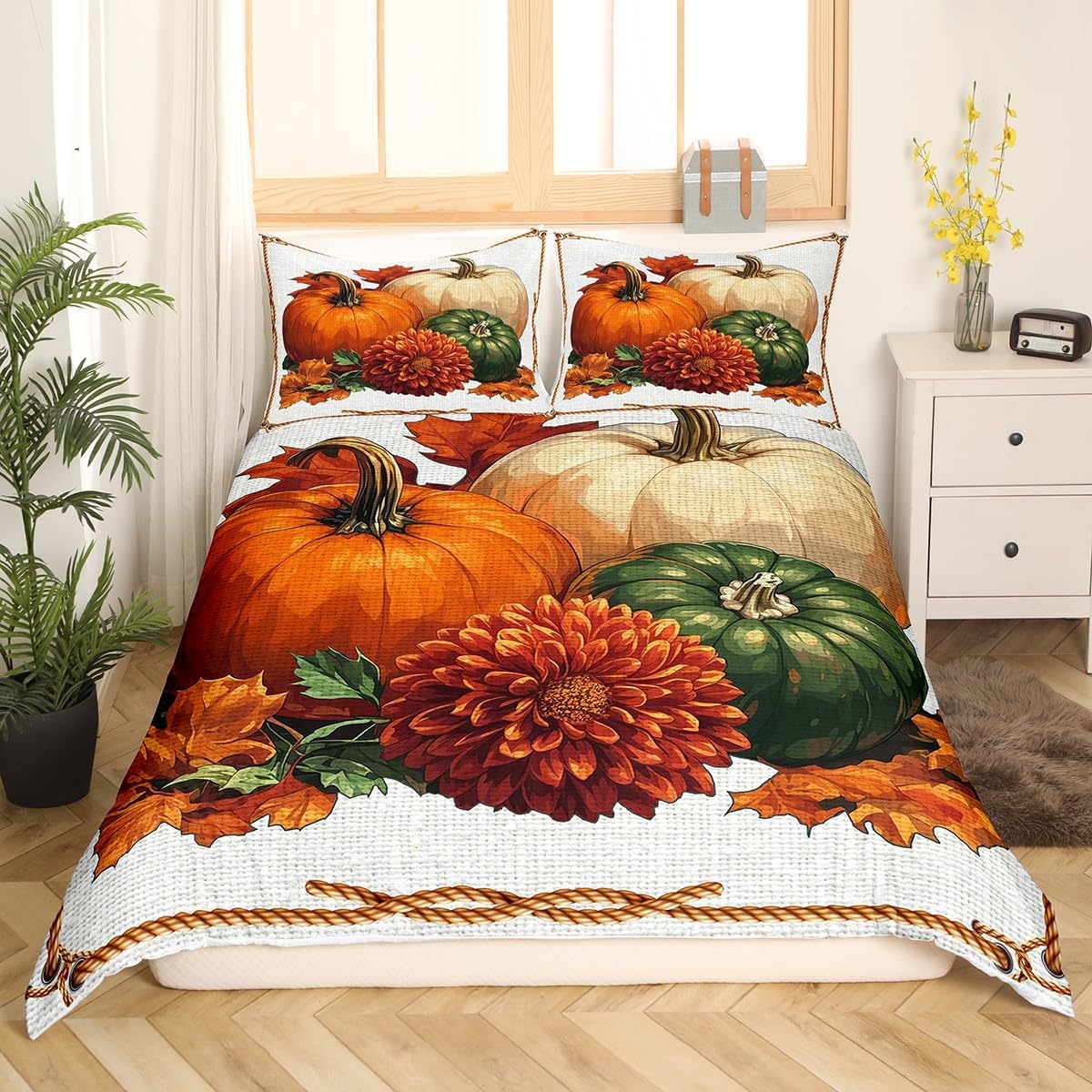 Erosebridal Thanksgiving Harvest Comforter Cover King Size, Fall Pumpkin Duvet Cover for Kids Teens Adult, Rustic Farmhouse Barn Door Bedding Set Maple Autumn Leaves Bed Cover with 2 Pillow Cases