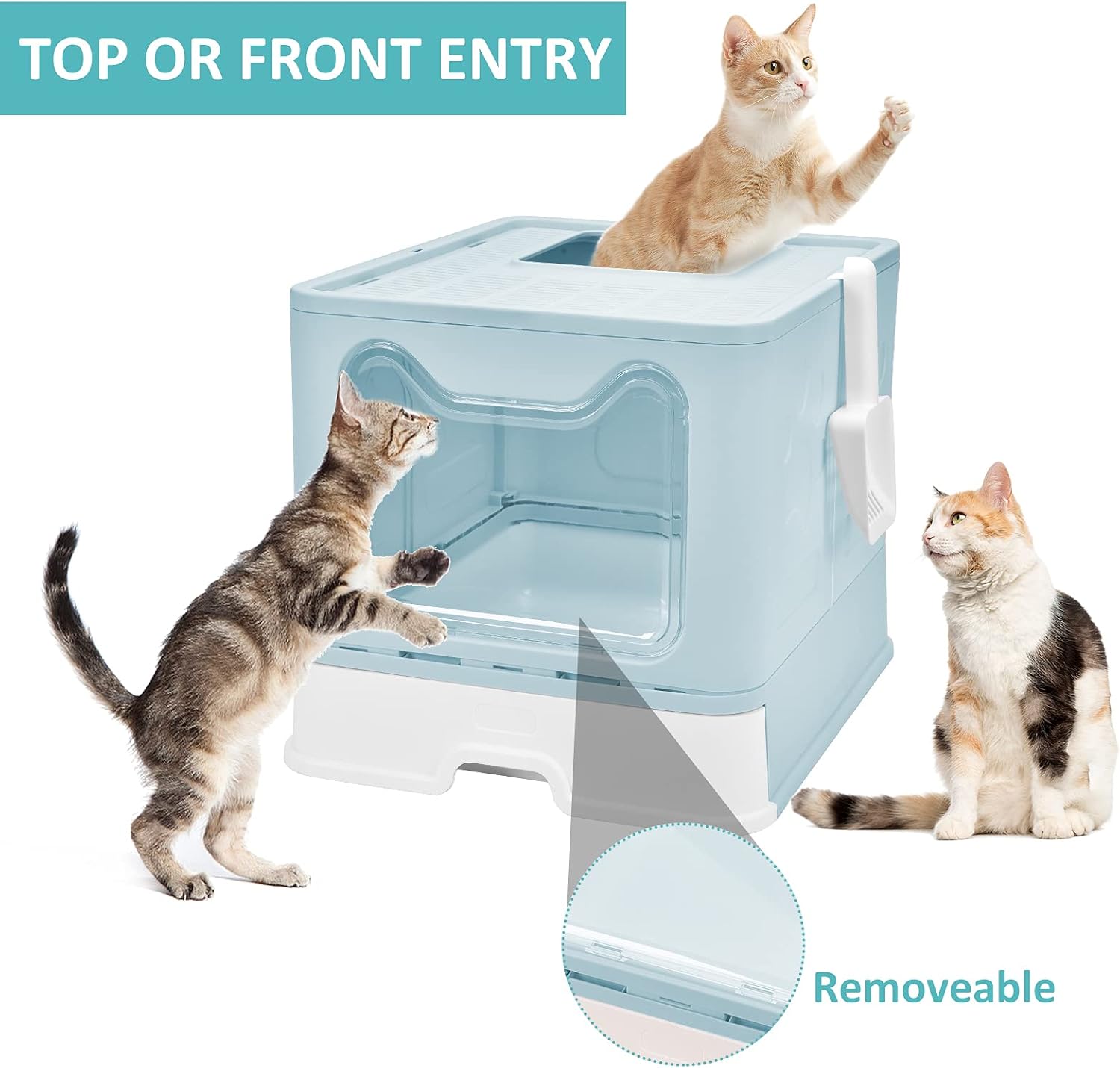 Panghuhu88 Foldable Cat Litter Box with Lid, Large Top Entry Cat Toilet, Enclosed Cats Potty with Litter Scoop, Drawer Type Easy Clean Cats Litter Pan(Blue)
