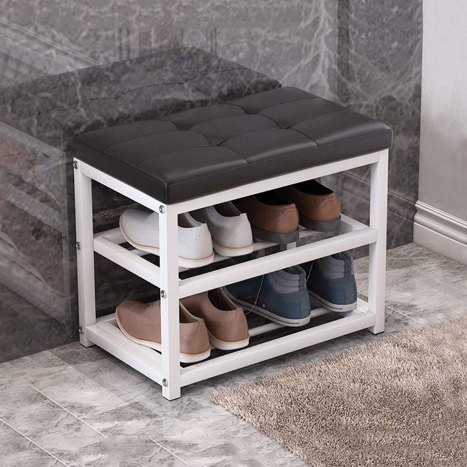 Banc à chaussures 3 niveaux en cuir et métal pour l'entrée