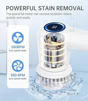 Electric Spin Scrubber, Cordless Mini Electric Cleaning Brush, Power Scrubber with LED Display, 2 Speed Modes, 4 Brush Heads, Perfect for Bathroom/Kitchen/Tiles/Floors/Bathtubs/Furniture, White