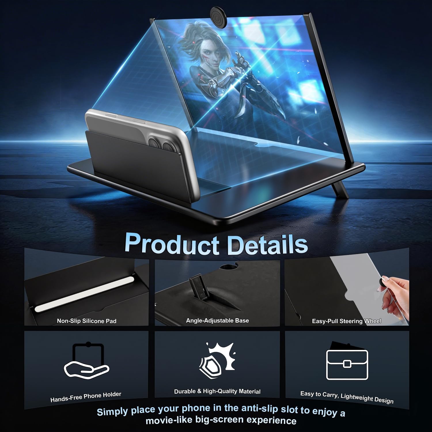 for 18" Mobile Phone Screen Magnifier 3D HD Projector Screen for Movies, Videos, Foldable Stand with Screen Amplifier, Supports All Smartphones,18 inches