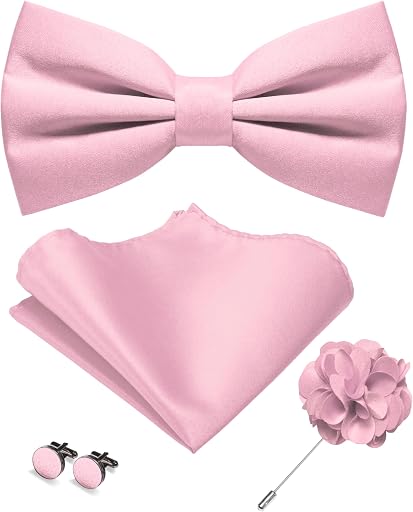 JEMYGINS Solid Color Pre-tied Bow Tie and Pocket Square Cufflinks Lapel Pin Sets for Men 4PCS