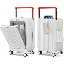Carry On Luggage Wide Handle 20 Inch Front Opening Hard Shell Suitcases with Wheels, Airline Approved PC Luggage with Cup Phone Holder and Charger, White