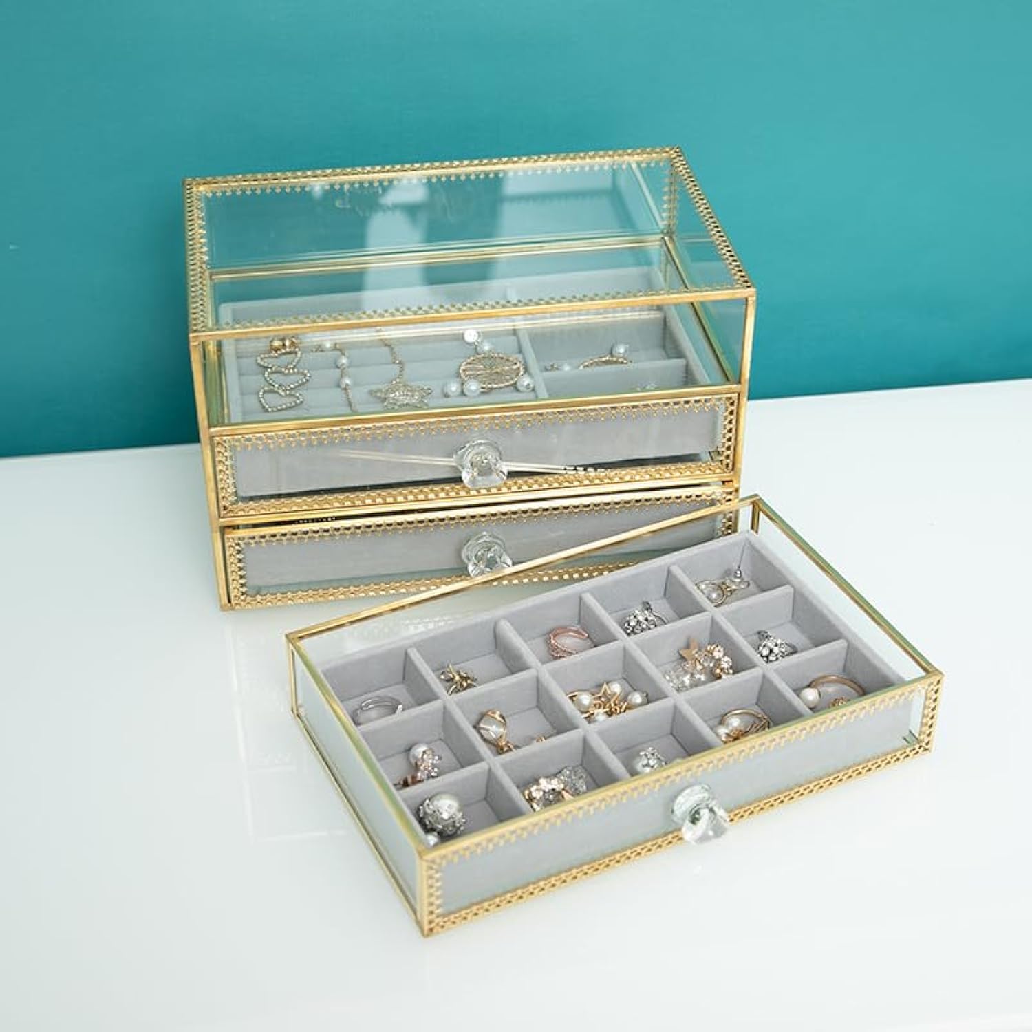 MUMOO BEAR Glass Jewelry Box Velvet Jewelry Organizer Clear Jewelry Storage Case with Drawers for Earring Bangle Bracelet Necklace Rings Organizer and Display (A24)