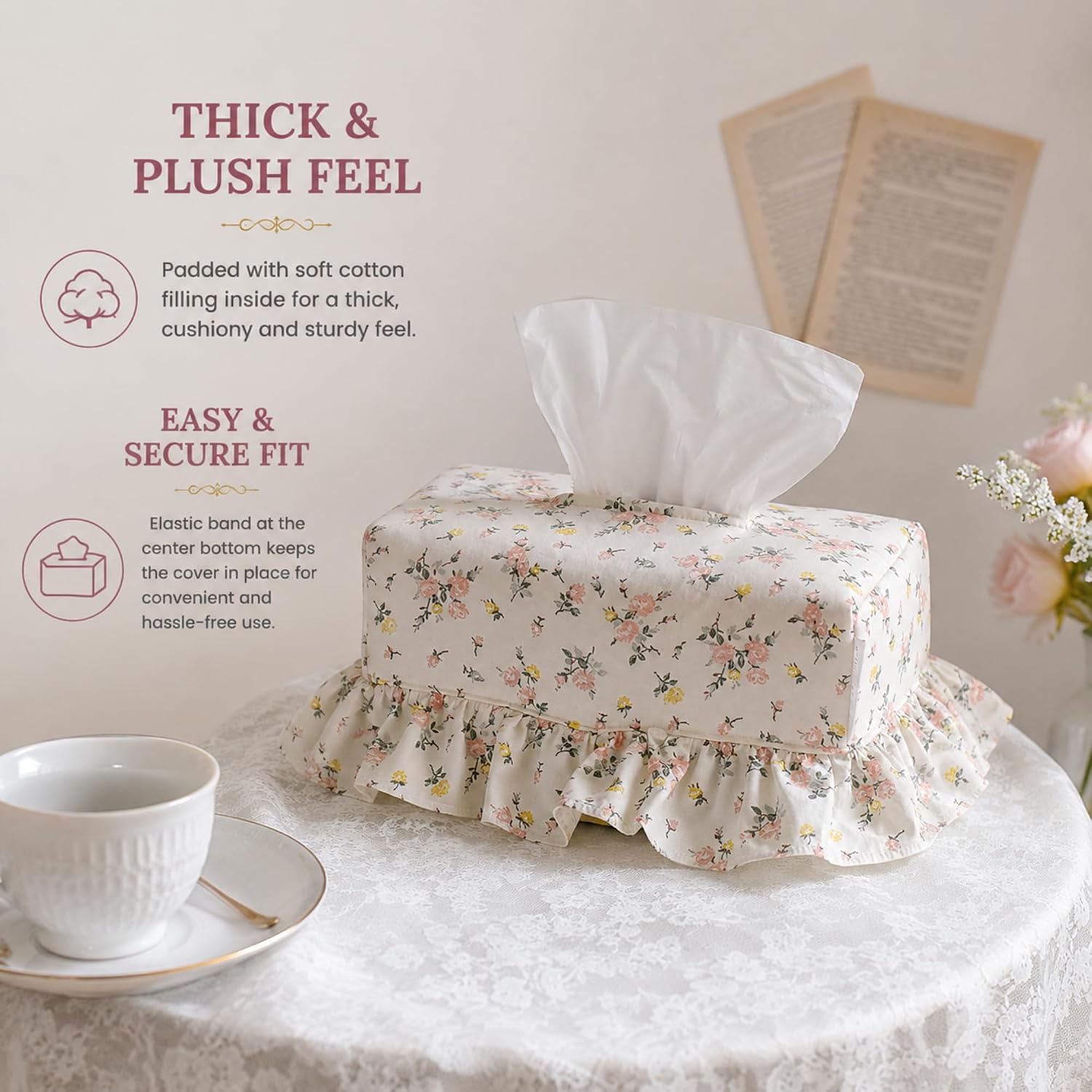 Cotton Tissue Box Cover, Thick Padded Rectangle with Lace, Rose Floral