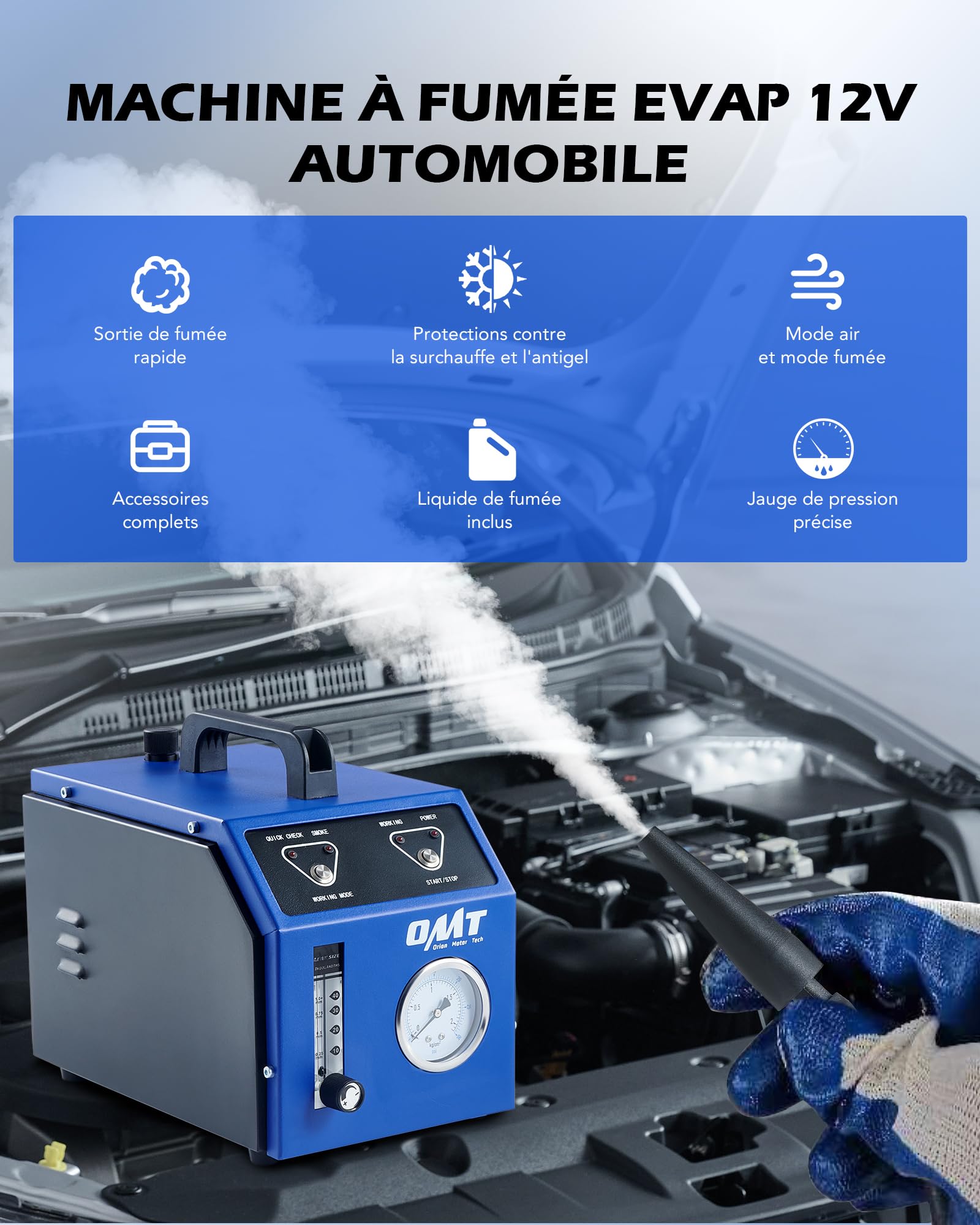 Orion Motor Tech Machine à Fumée EVAP Automobile DC 12V avec Détecteur de Fuites Voiture Détection de Fumée avec Manomètre d'Huile 6 L/Min Débitmètre d'Huile Minérale Airbag & Adaptateurs Cône
