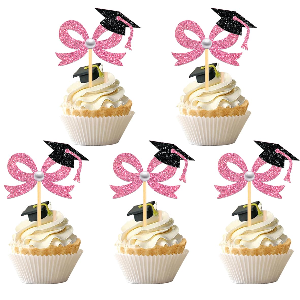 Photo 1 of 24 Pcs Pink Bow Graduation Cupcake Toppers, Grad Bow Cupcake Picks- Class of 2026 Cupcake Toppers for Graduation Party Decorations (Pink)